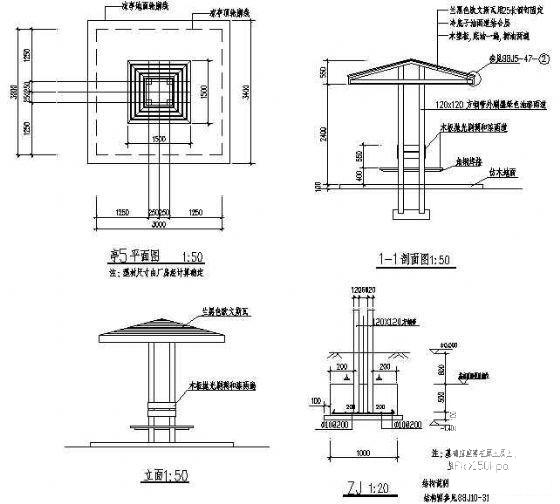 小区凉亭五详图纸cad平面图,剖面图,立面图 - 2