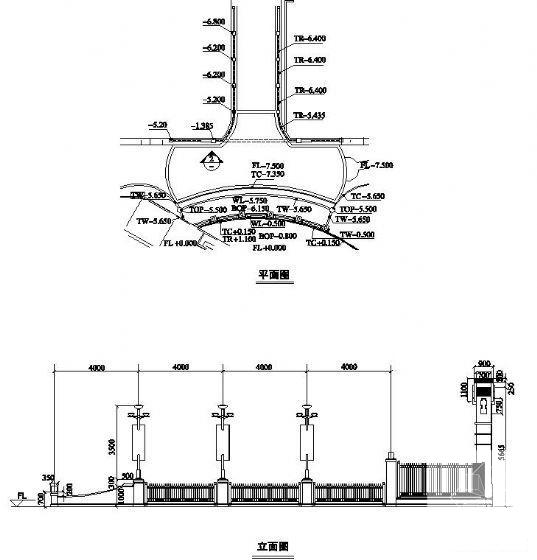 小区大门大样设计图纸cad平面图及立面图 - 1