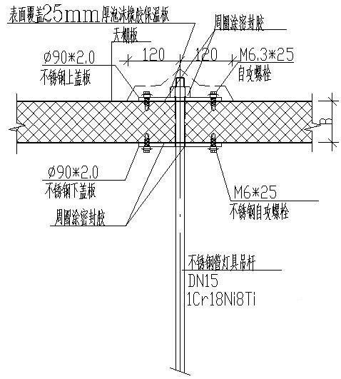 管道、吊杆穿越天棚板连接大样节点构造详图纸cad - 1