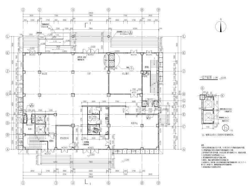 7层框架结构商务办公楼建筑施工图 一层平面图