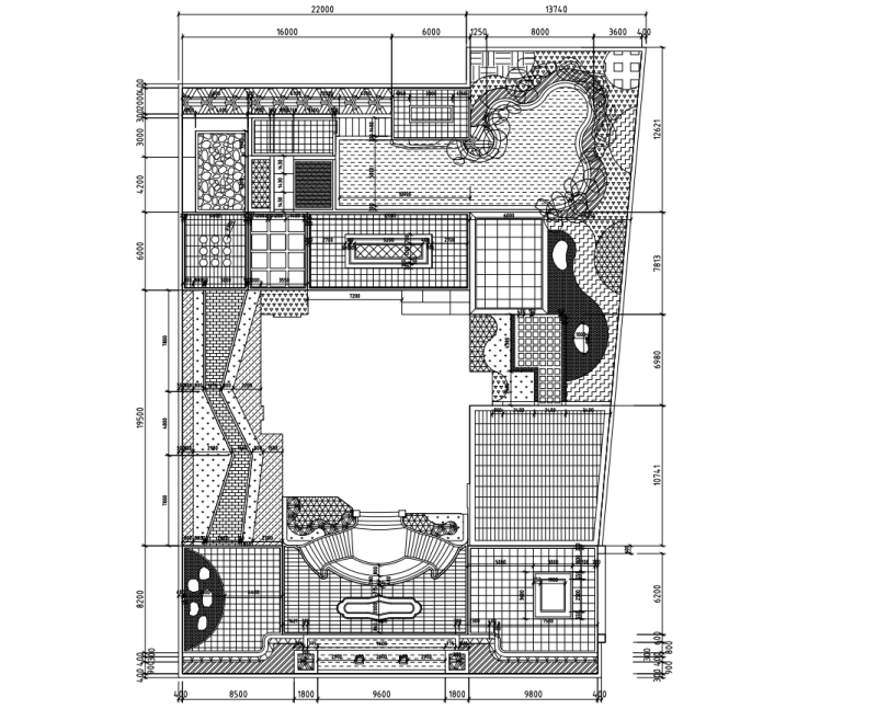 新中式风格别墅花园景观施工图设计尺寸标注平面图