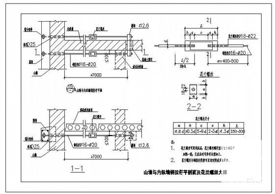 山墙与内纵墙钢拉杆平剖面及花兰螺丝大样节点构造详图纸cad