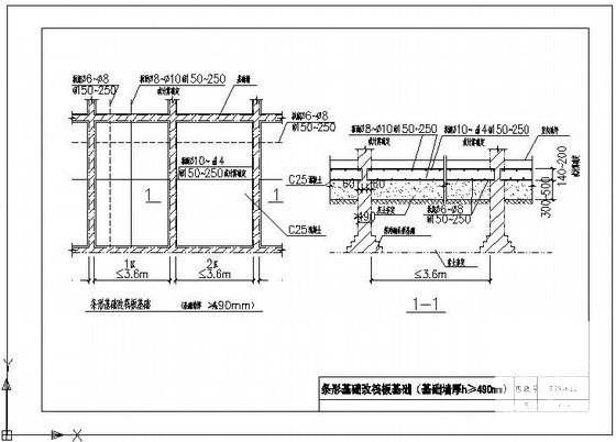 条形基础改筏板基础（基础墙厚h≥490mm）节点构造详图纸
