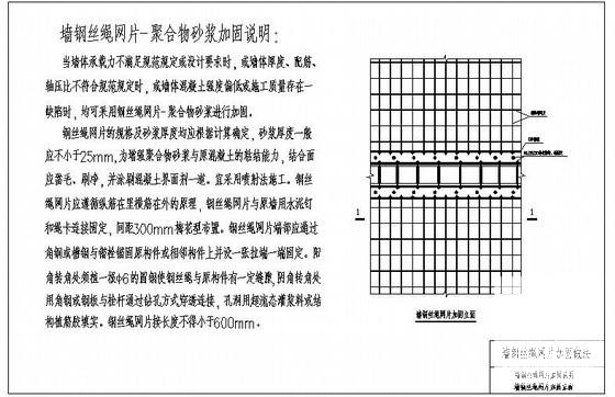 墙钢丝绳网片加固说明及加固立面节点构造详图纸cad
