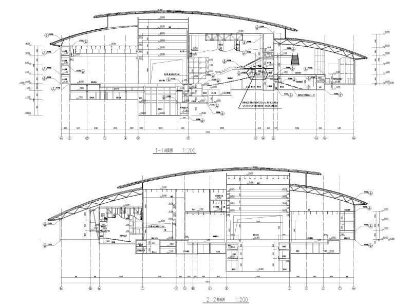吉林大型四层框架剪力墙结构剧院建筑施工图 剖面图
