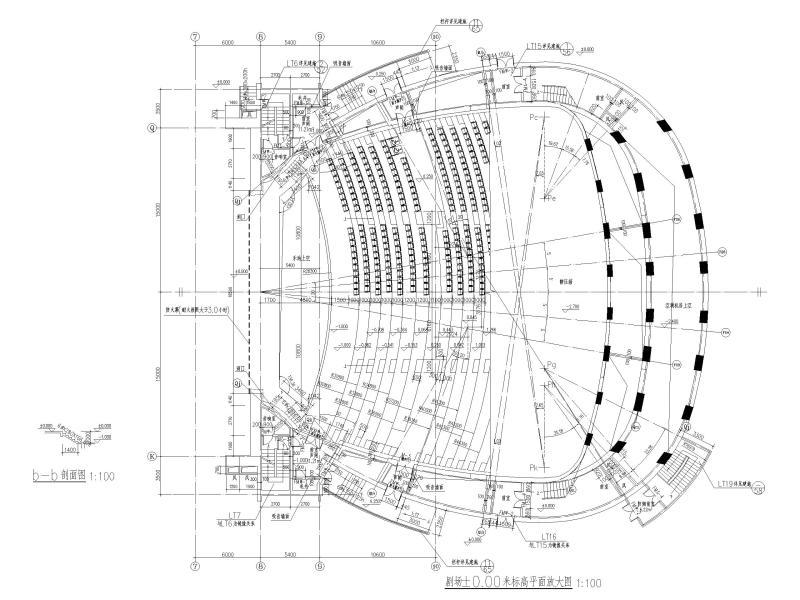 吉林大型四层框架剪力墙结构剧院建筑施工图 剧场±0.00米标高平面放大图