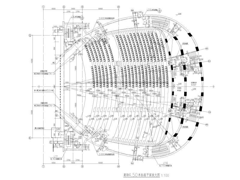 吉林大型四层框架剪力墙结构剧院建筑施工图 剧场±4.50米标高平面放大图