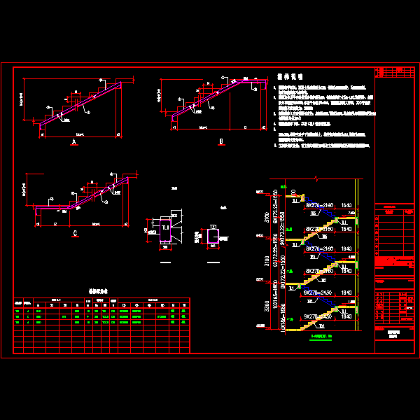 一份混凝土楼梯剖面CAD图纸及配筋表