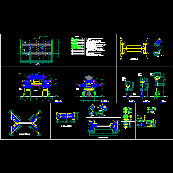 石柱木斗拱屋盖牌坊施工CAD详图纸(dwg)