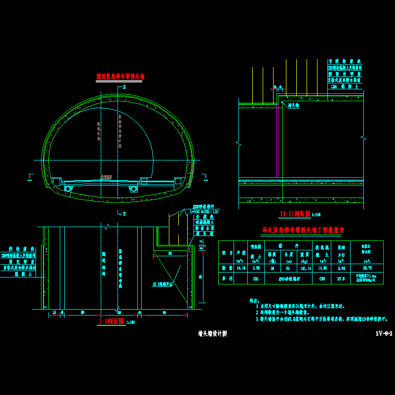 一份复合式衬砌隧道堵头墙节点CAD详图纸设计(dwg)