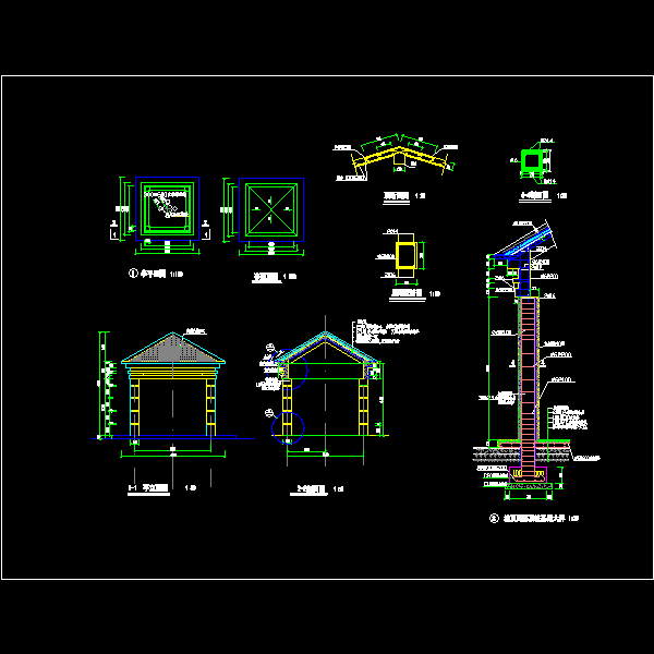 一份蓝色瓦顶方亭dwg格式详细设计CAD图纸(梁配筋图)
