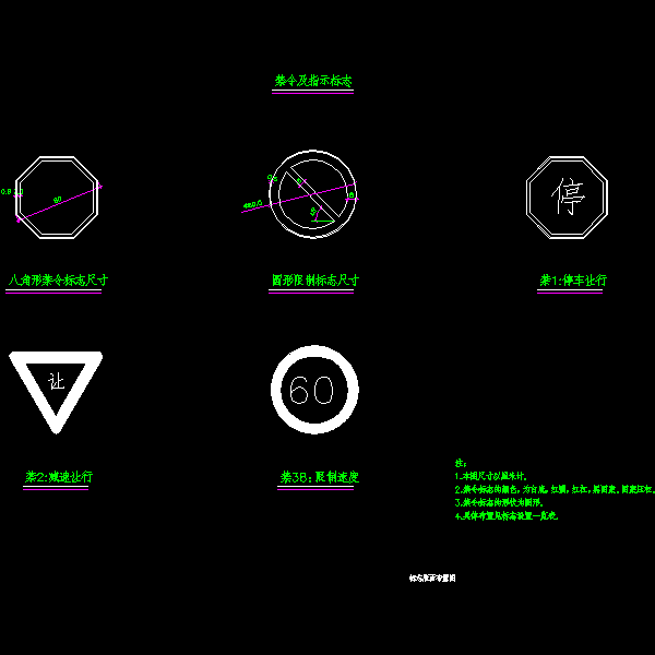道路禁令及指示标志设计CAD图纸(八角形)(dwg)