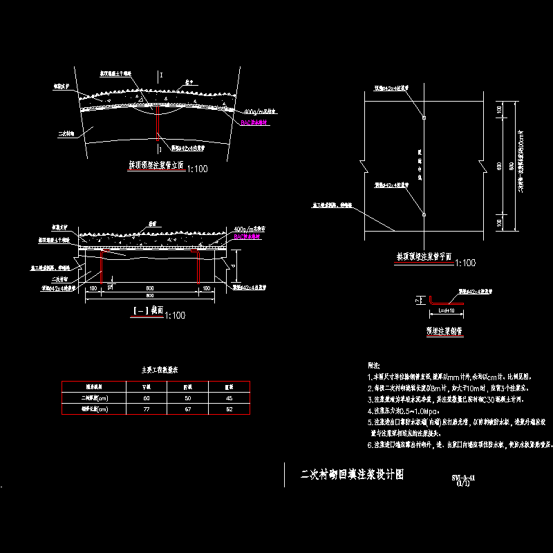 隧道二次衬砌回填注浆设计CAD图纸(dwg)