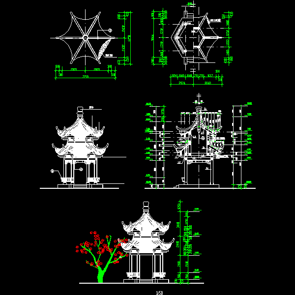 一份仿古风格六角重檐古建亭设计dwg格式CAD图纸详图(剖面图)