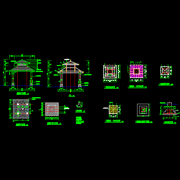 一份双层重檐亭施工设计dwg格式CAD图纸详图(结构布置图)
