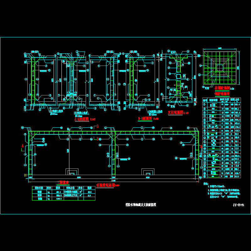 一份复合式衬砌隧道消防水池池壁及支柱配筋节点CAD详图纸设计(dwg)