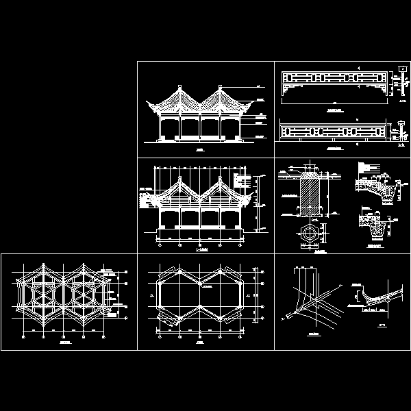 木结构六角连亭CAD施工方案图纸，宋式做法