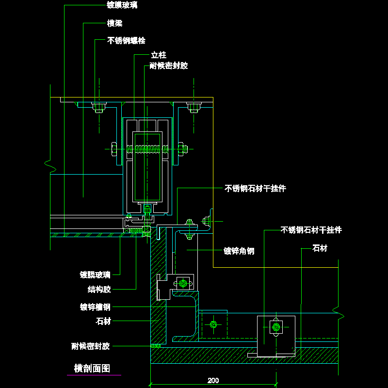 吊挂式玻璃幕墙节点构造CAD详图纸（十五）（横剖面图纸一）(dwg)