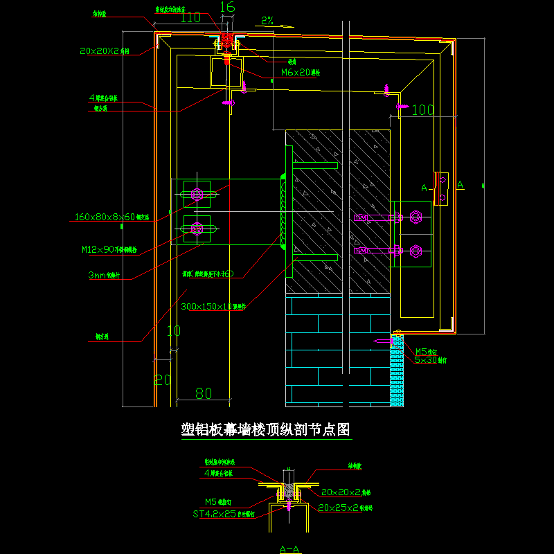 塑铝板幕墙楼顶纵剖节点构造CAD详图纸(dwg)
