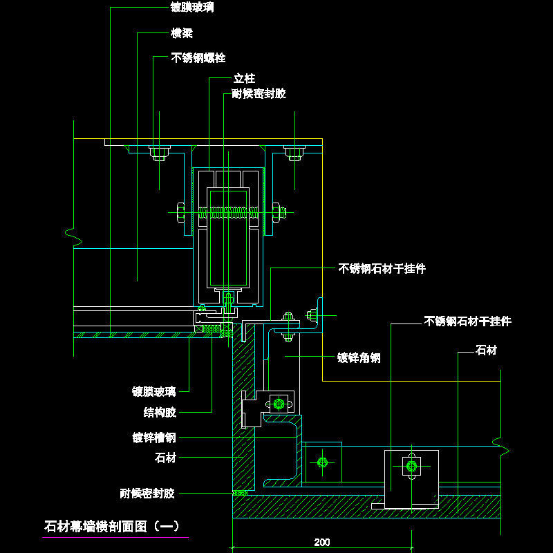 石材幕墙横剖面节点构造CAD详图纸（一）(dwg)