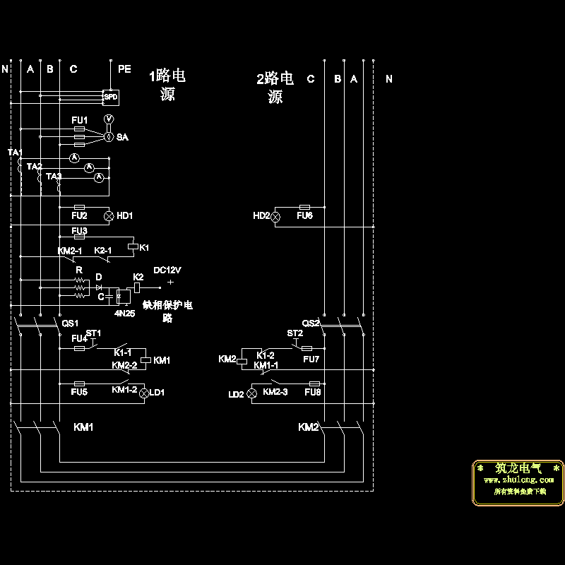 双路供电自动转换手动复位控制CAD图纸(dwg)