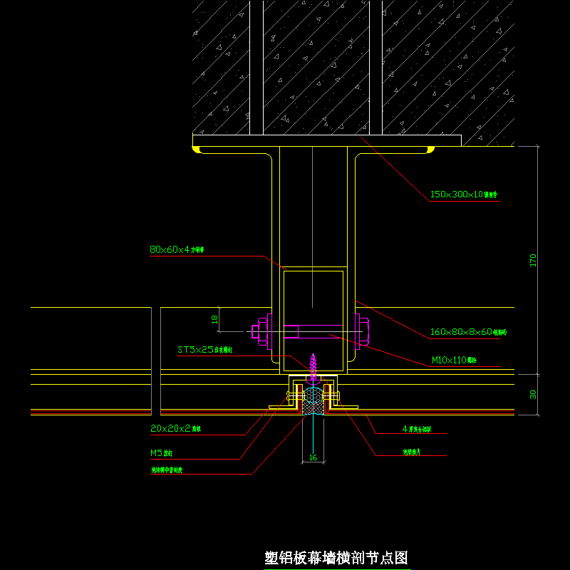 塑铝板幕墙横剖节点构造CAD详图纸(dwg)