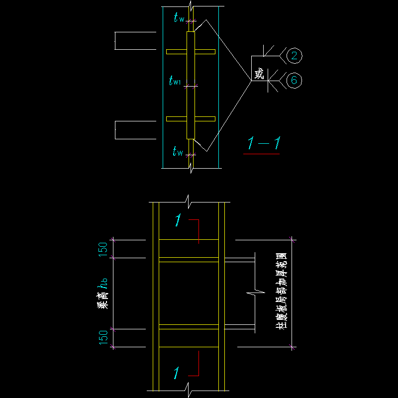 焊接工字形柱腹板在节点域的补强措施节点构造CAD详图纸(dwg)