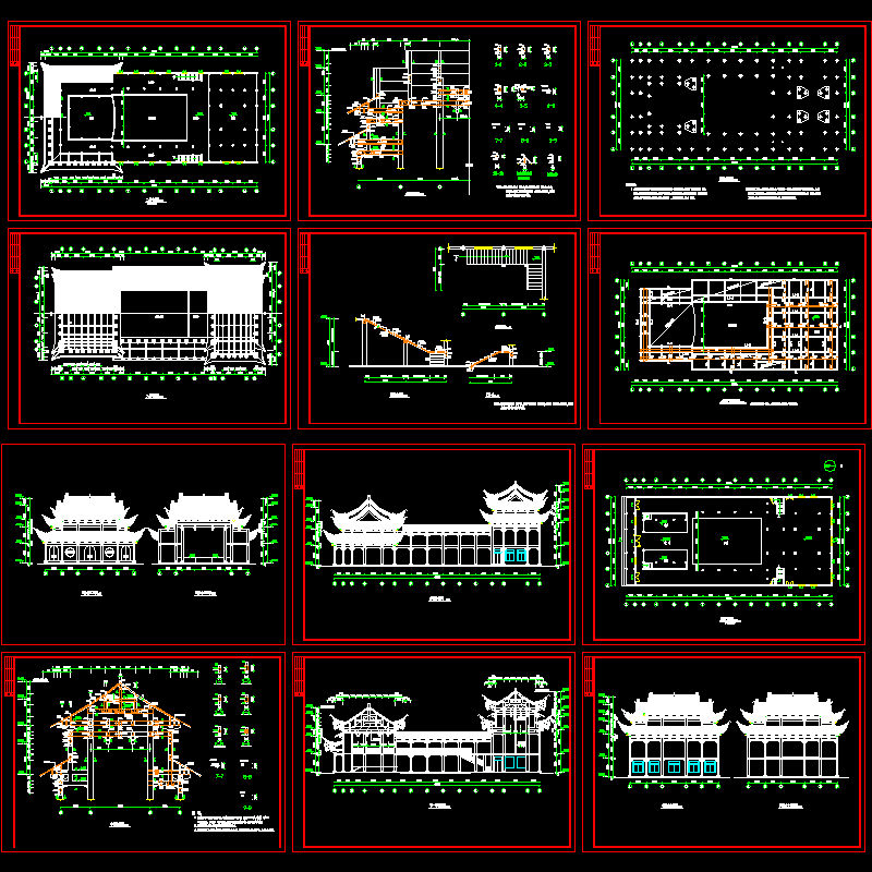 中式戏台、祠堂建筑施工CAD图纸(dwg)