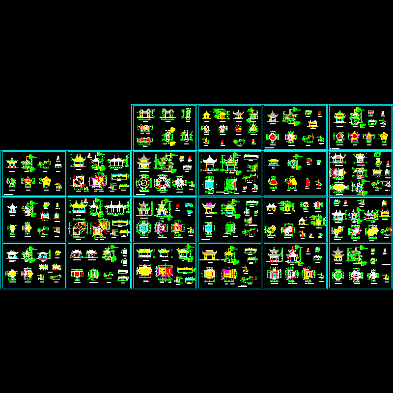 各种中式亭建筑设计CAD施工图纸(立面)(dwg)