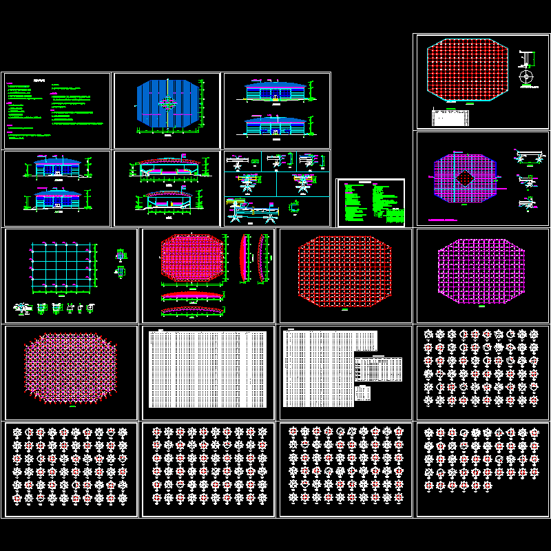风雨球场正放四角锥螺栓球网架结构施工图纸（dwg格式CAD、21张）(民用建筑设计)