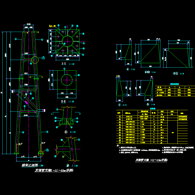 双钢管支架H=11～13m节点构造CAD详图纸(dwg)