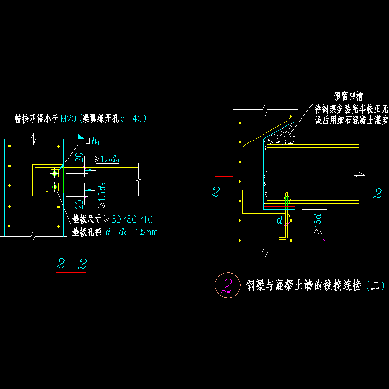 钢梁与混凝土墙的铰接连接节点构造CAD详图纸（二）(dwg)