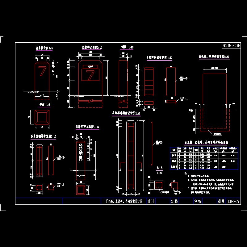 百米桩、里程碑、界碑结构设计CAD图纸(dwg)