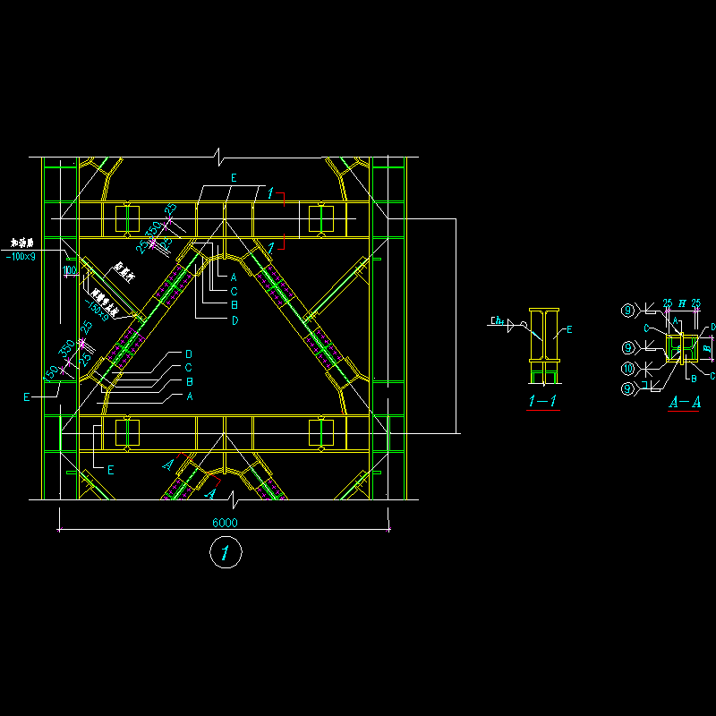 人字形钢支撑连接节点构造CAD详图纸(dwg)