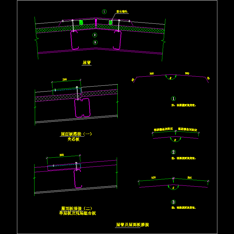 屋脊及屋面板搭接节点构造CAD详图纸(dwg)