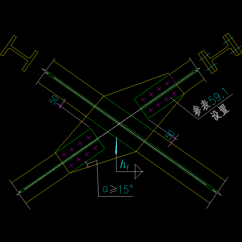 支撑斜杆为H型钢与双节点板的连接节点构造CAD详图纸(dwg)