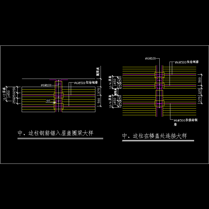 中、边柱钢筋锚入屋盖圈梁大样&在楼盖处连接大样节点构造CAD详图纸(dwg)