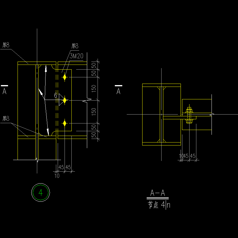 500梁柱铰接连接节点构造CAD详图纸（弱轴，顶部）(dwg)