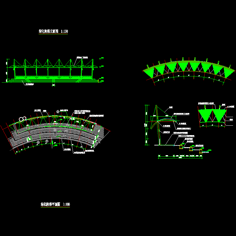 绿化阶梯上部凉棚施工CAD详图纸(dwg)