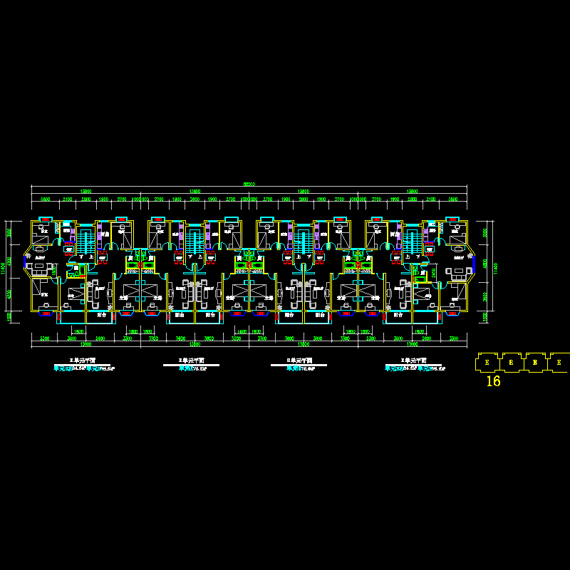 [CAD]板式多层一梯二户八户户型组合平面图纸(85/77/77/77/77/77/85/77).dwg