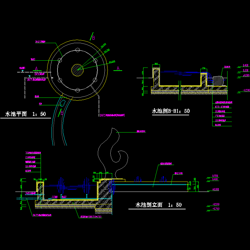 水池结构dwg格式CAD图纸(平立剖面图)