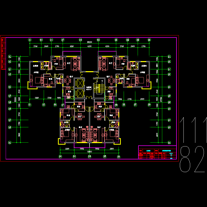 [CAD]塔式高层一梯四户型图纸（111/82）.dwg