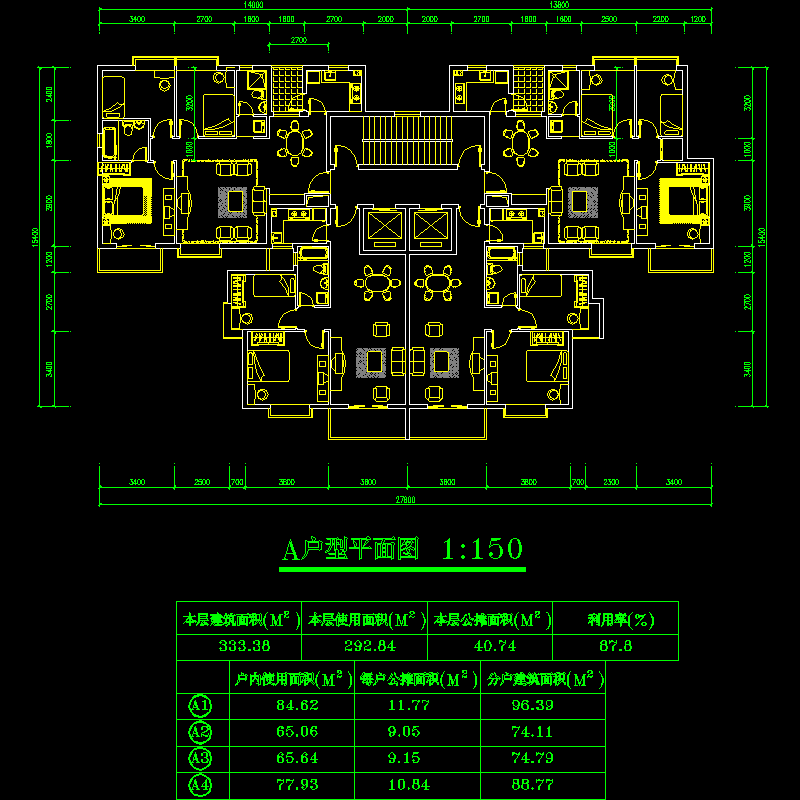 [CAD]塔式高层一梯四户户型图纸(96/74/75/89).dwg