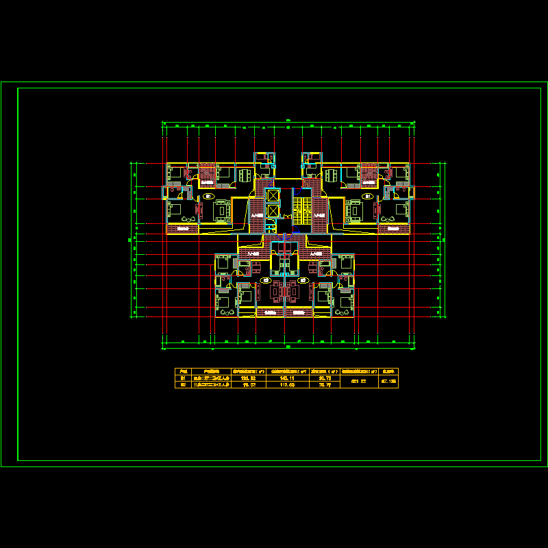 [CAD]塔式高层一梯四户户型图纸(142/142/113/113).dwg