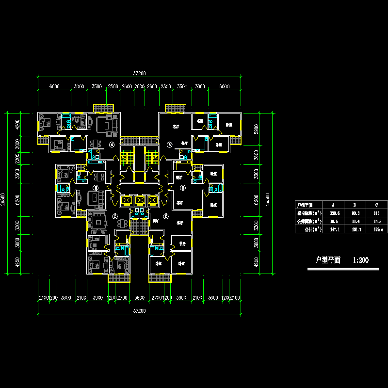 [CAD]塔式高层一梯六户型图纸（147/101/129）.dwg