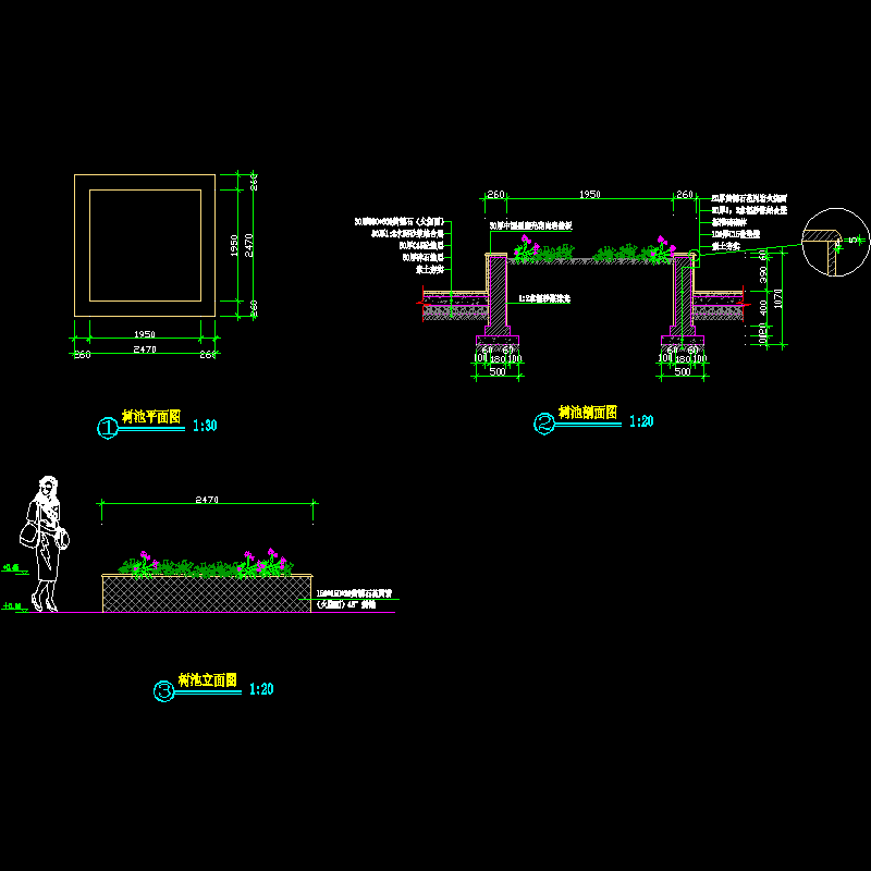 方形树池施工大样CAD图纸(立面图)(dwg)