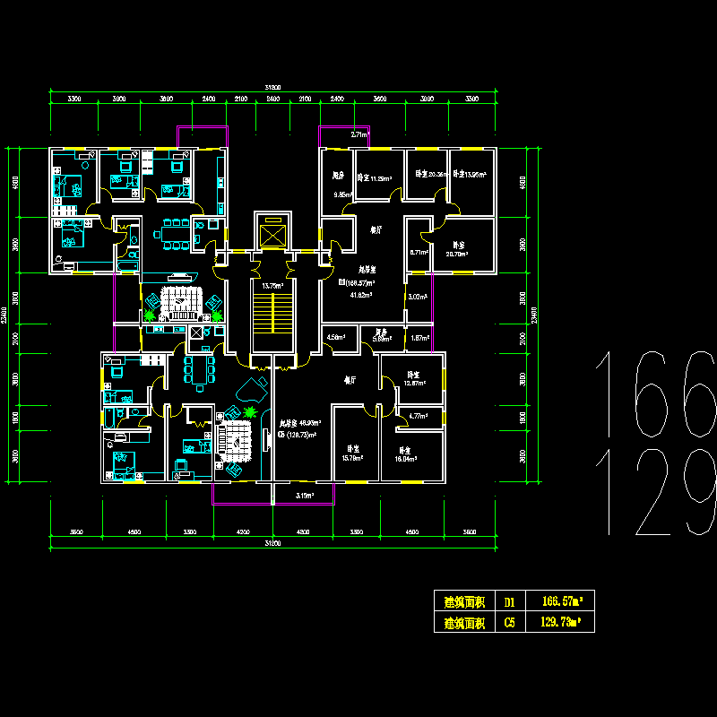 [CAD]塔式高层一梯四户型图纸（166/129）.dwg