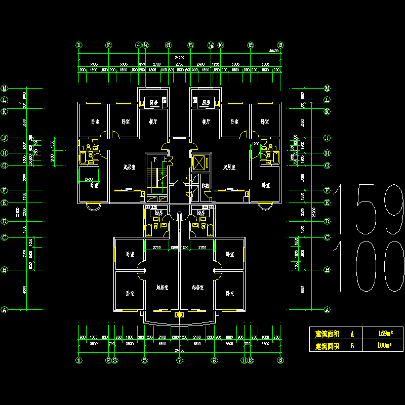 [CAD]塔式高层一梯四户型图纸(159/100).dwg