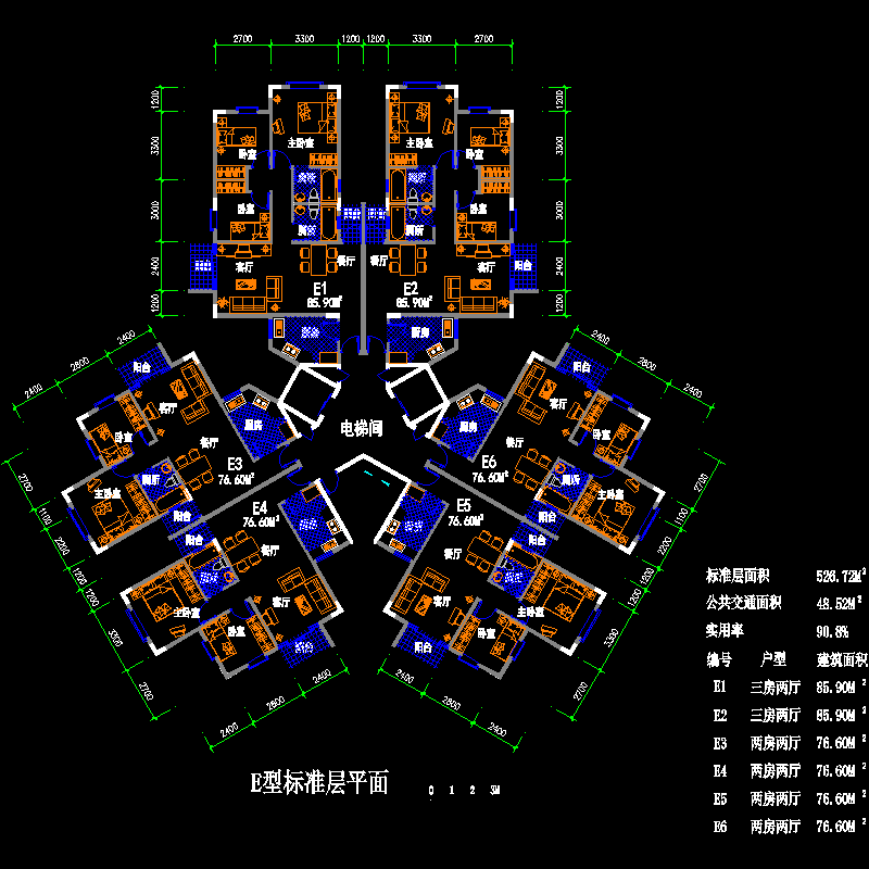 高层一梯六户户型图 - 1