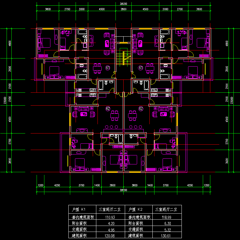 [CAD]板式多层一梯四户户型图纸(120/120/131/131).dwg